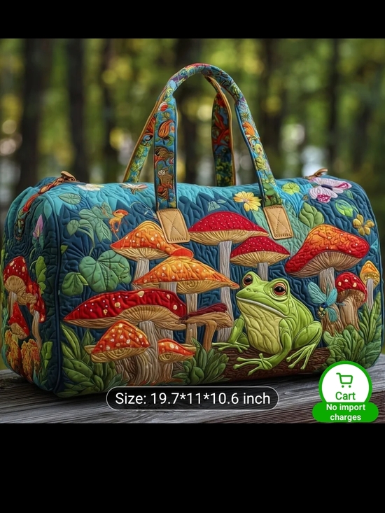 Temu Handbags - Quilted Frog & Mushroom Travel Duffle Bag - Blue/Green